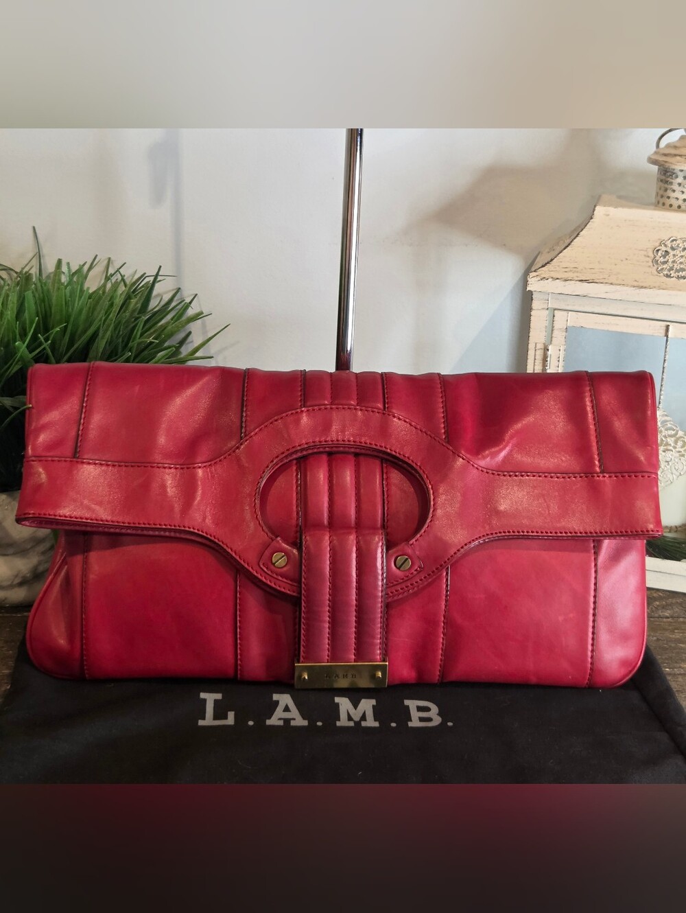 L.A.M.B. Gwen Stefani Carlisle Leather Foldover Convertible Clutch Tote Bag VTG